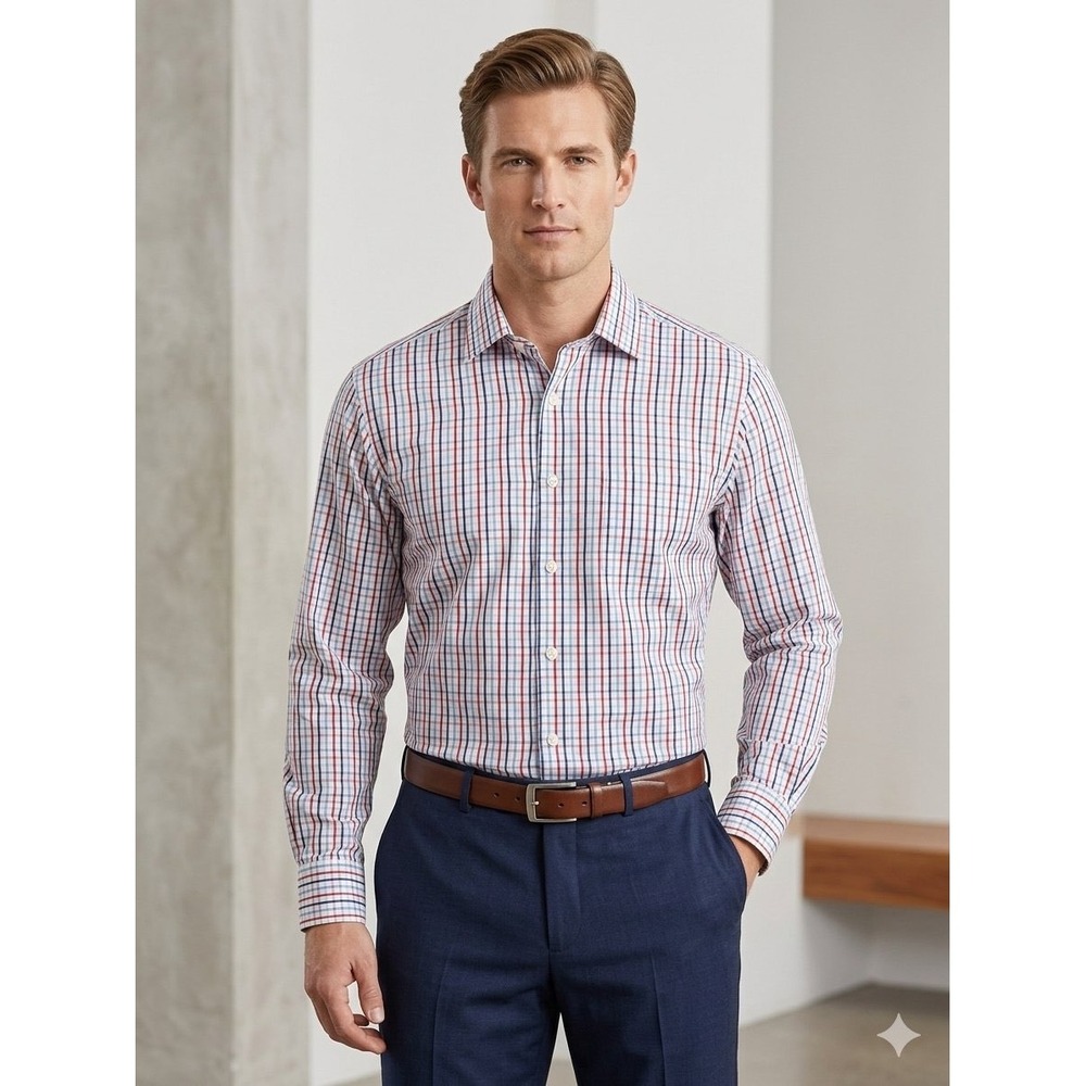 Robert Talbott Mens 17 35 Dress Shirt Red Blue Plaid Tattersall Cotton USA Made